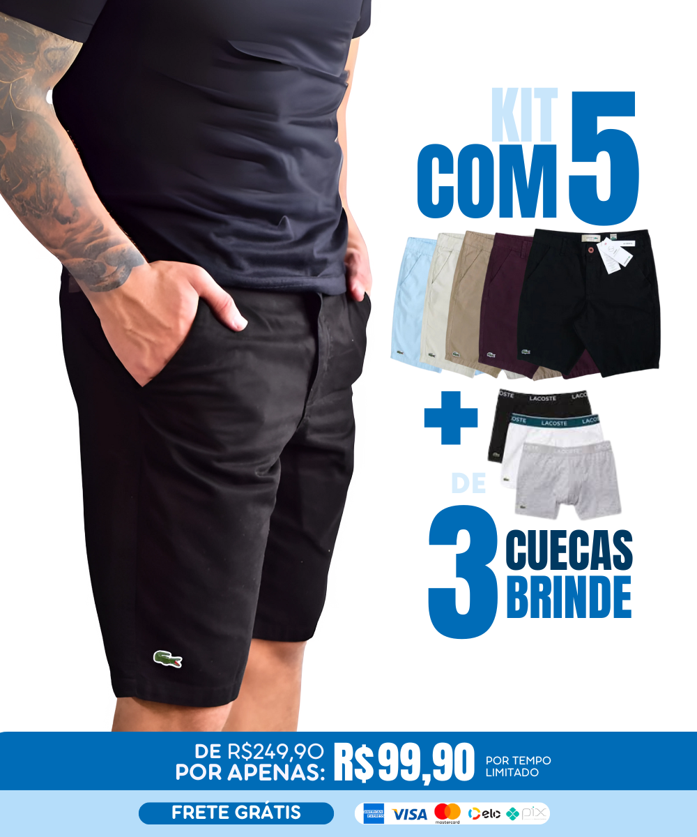 KIT 05 Bermudas Sarja Lacoste Classic + 5 Cuecas Lacoste de Brinde